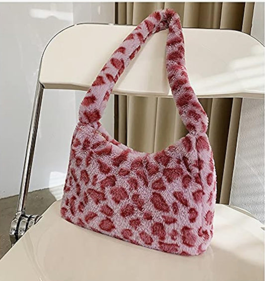 Women Fluffy Faux Fur Cow Print Shoulder Bag Clutch Purse Underarm Handbag Satchel Zipper Tote Bag Purse