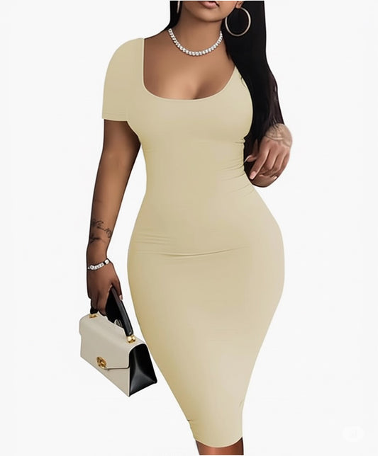 Short Sleeve Bodycon Midi Dress – Casual, Stretchy & Sexy”