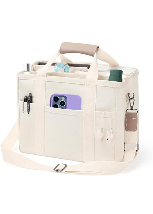 Women Multi-pocket Canvas Tote Bag Large Capacity Shoulder Crossbody Handbag With Compartments